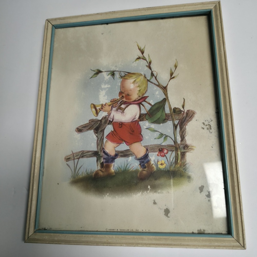 Vtg 1940s Marion Bradford Burgess Boy w/ Horn Lithograph Henry B Sandler Framed